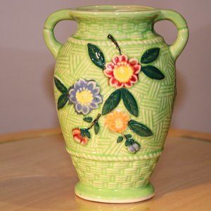 vintage spring green small vase with flowers.  Japan